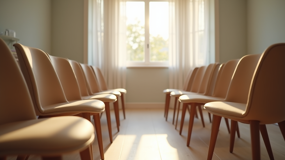 Close-up view of a circle of chairs in a softly lit therapy room
