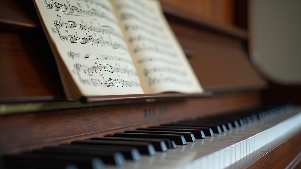 Close-up view of a piano keyboard with sheet music