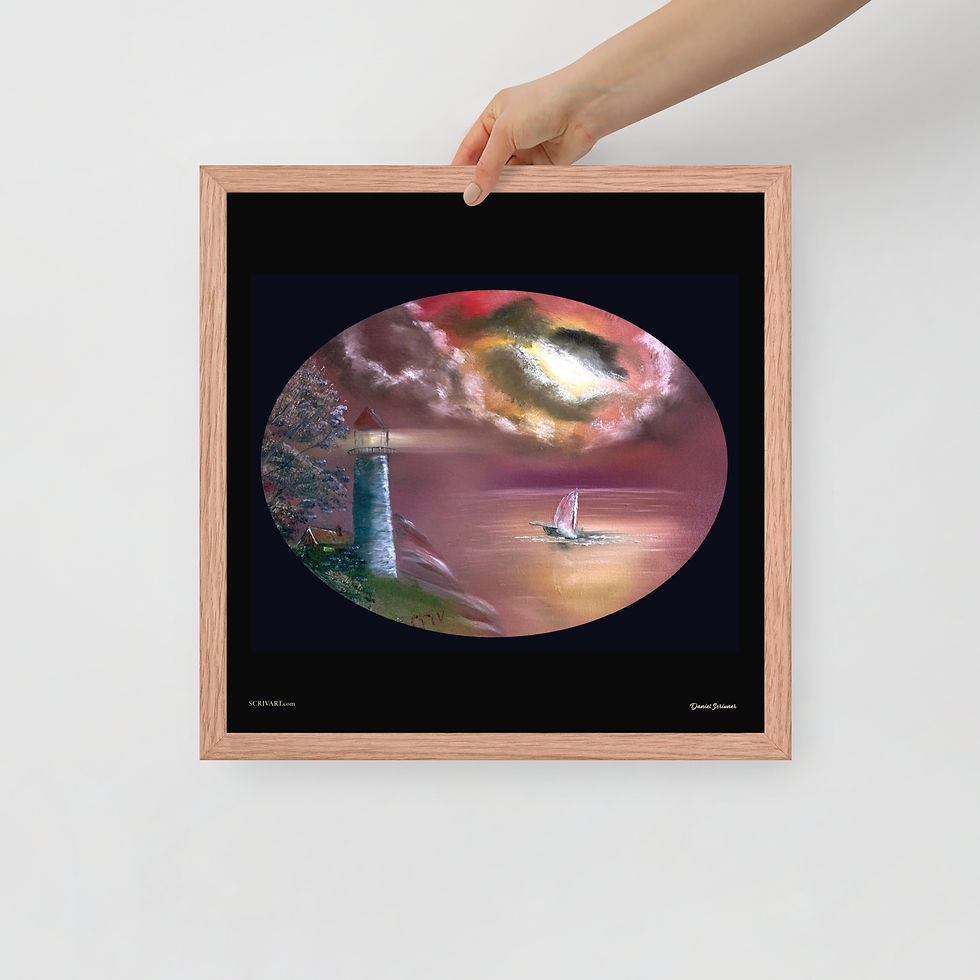 Thumbnail: Framed Poster Photo Print - Oval Lighthouse Sailboat Painting black background
