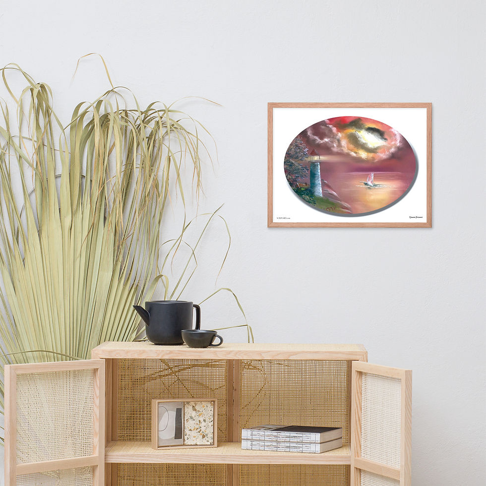 Thumbnail: Framed Poster Photo Print - Oval Lighthouse Sailboat Painting white background