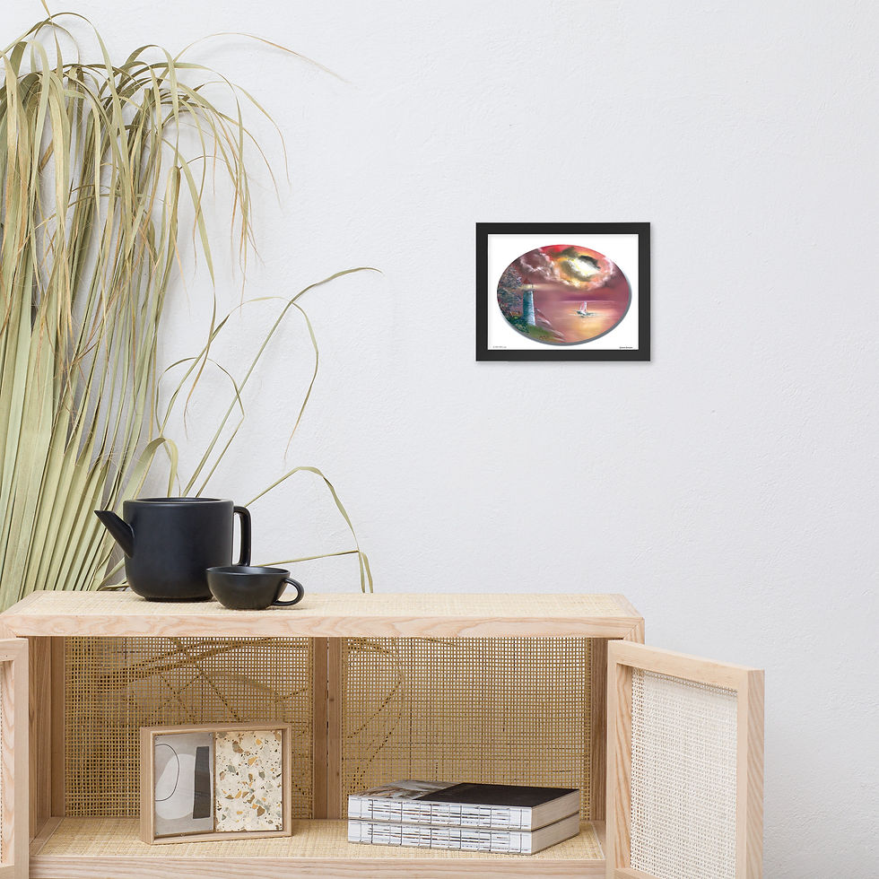 Thumbnail: Framed Poster Photo Print - Oval Lighthouse Sailboat Painting white background