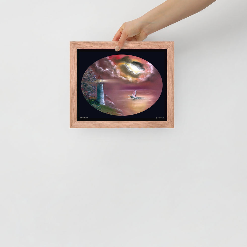 Thumbnail: Framed Poster Photo Print - Oval Lighthouse Sailboat Painting black background
