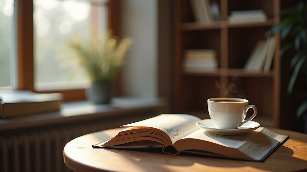 Eye-level view of a cozy reading nook with stacked books and a cup of coffee