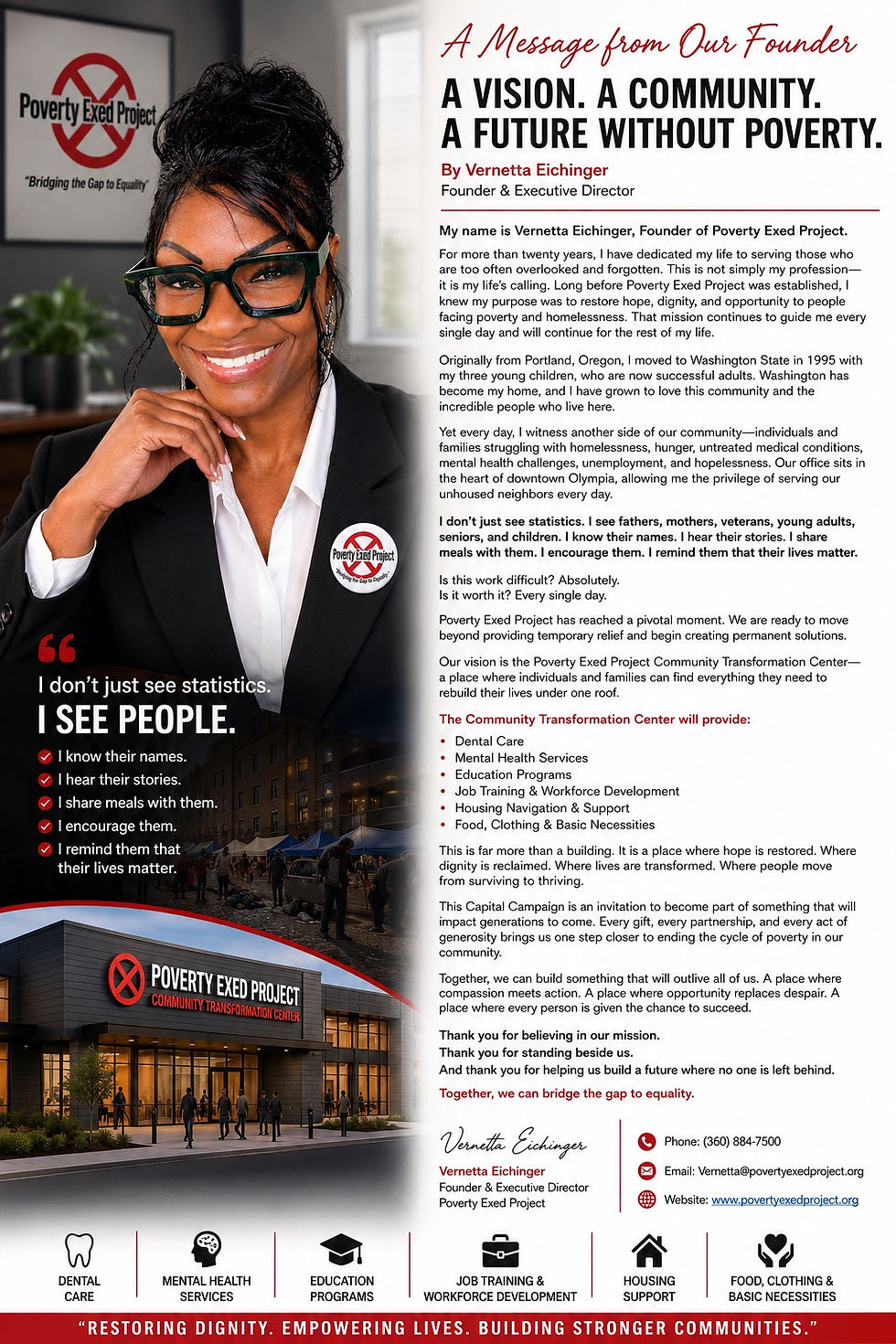 Founder message from Vernetta Eichinger describing the Poverty Exed Project vision and Community Transformation Center.