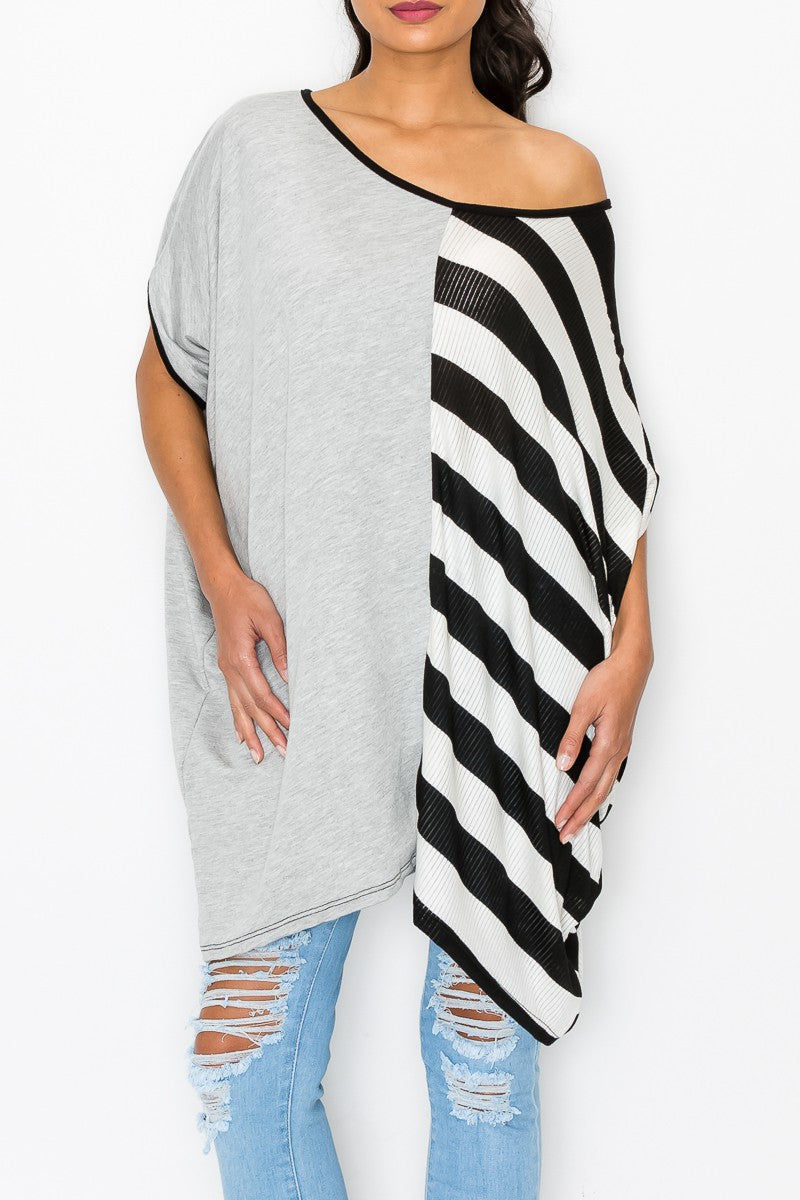 Thumbnail: Stripe and Solid Contrast Oversized Top - Grey/Black