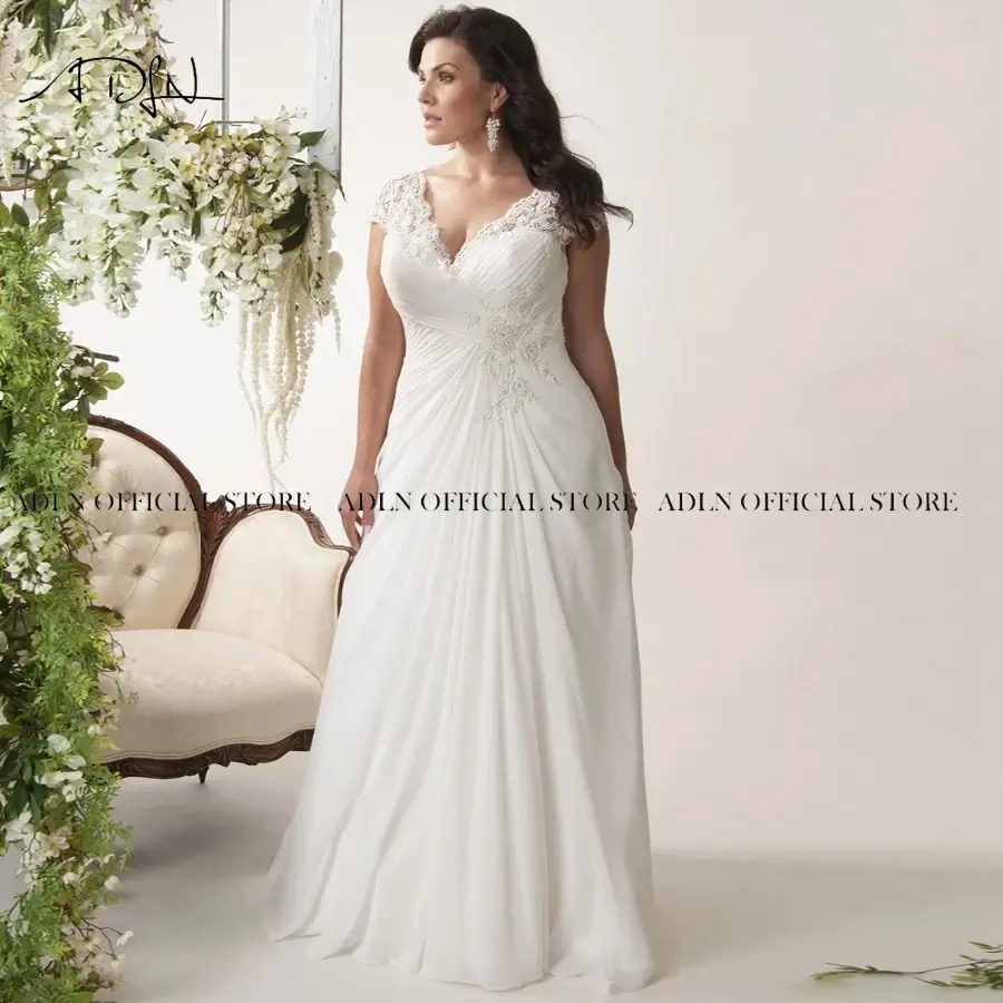 Elegant Plus Size Chiffon Wedding Dresses V-Neck Cap Sleeves Open Back