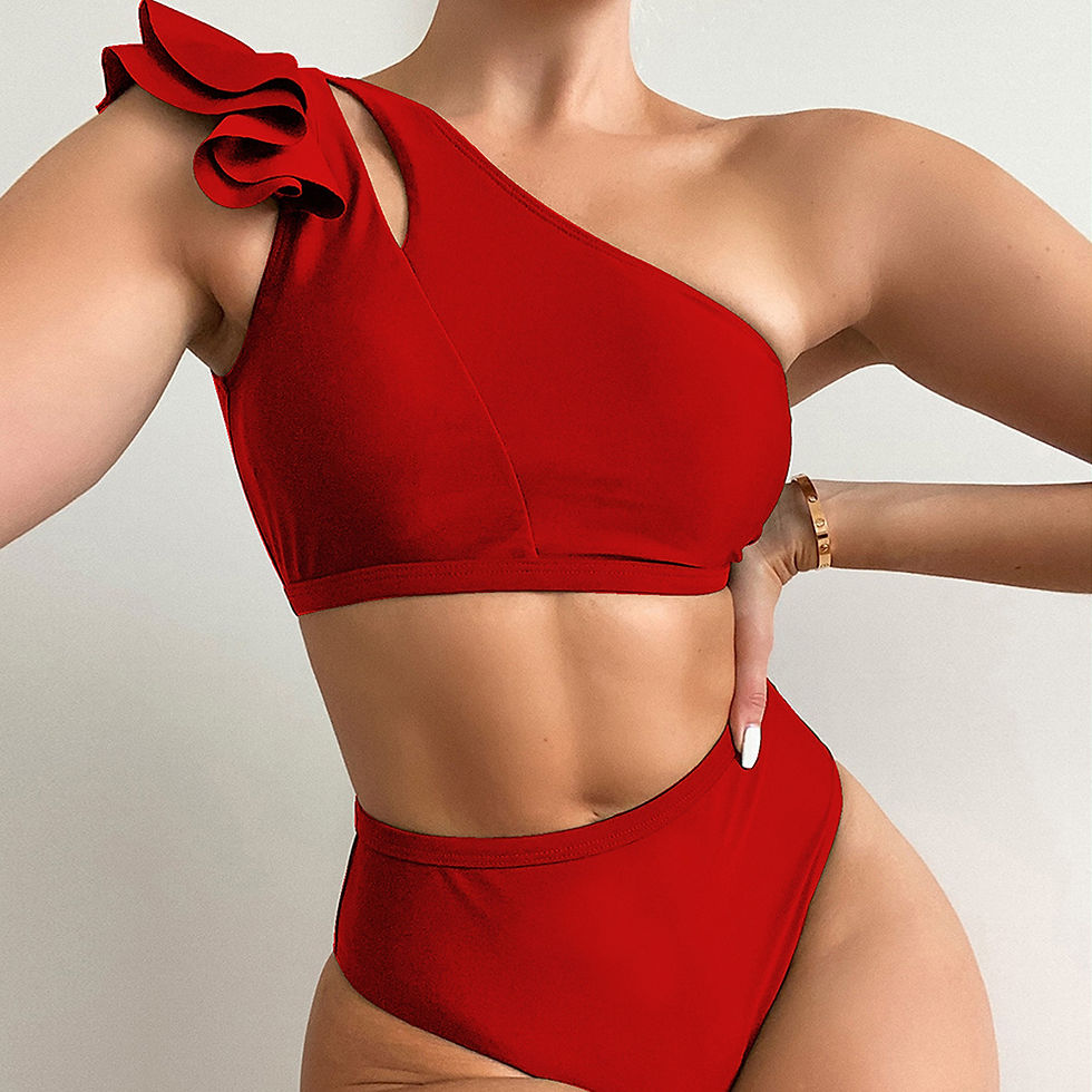 Thumbnail: Figure-Hugging Ruffle Trim One Shoulder Top Bikini Solid High Waist Swimwear