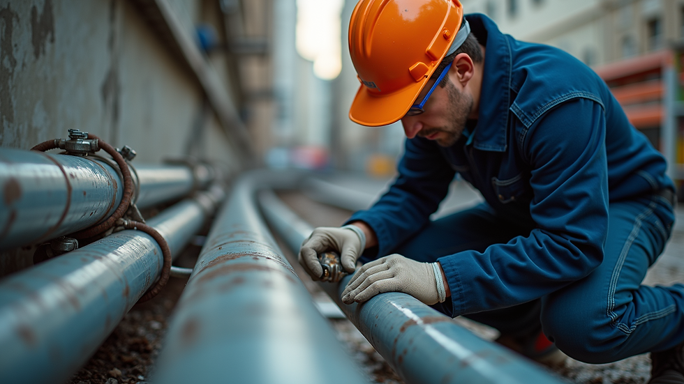 Eye-level view of a plumber working on a pipe installation