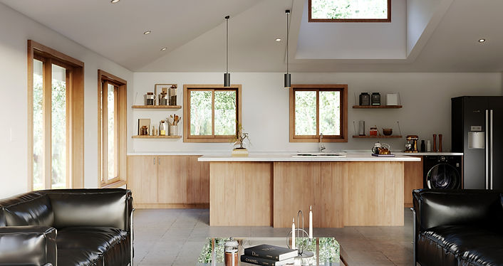 This accessory dwelling unit interior in Alamo, California features an open layout with a modern kitchen, light wood cabinetr