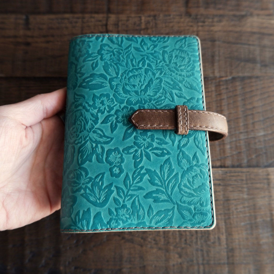 leather binder, flower carpet, smoky turquoise, handdyed, hand stitched, B7