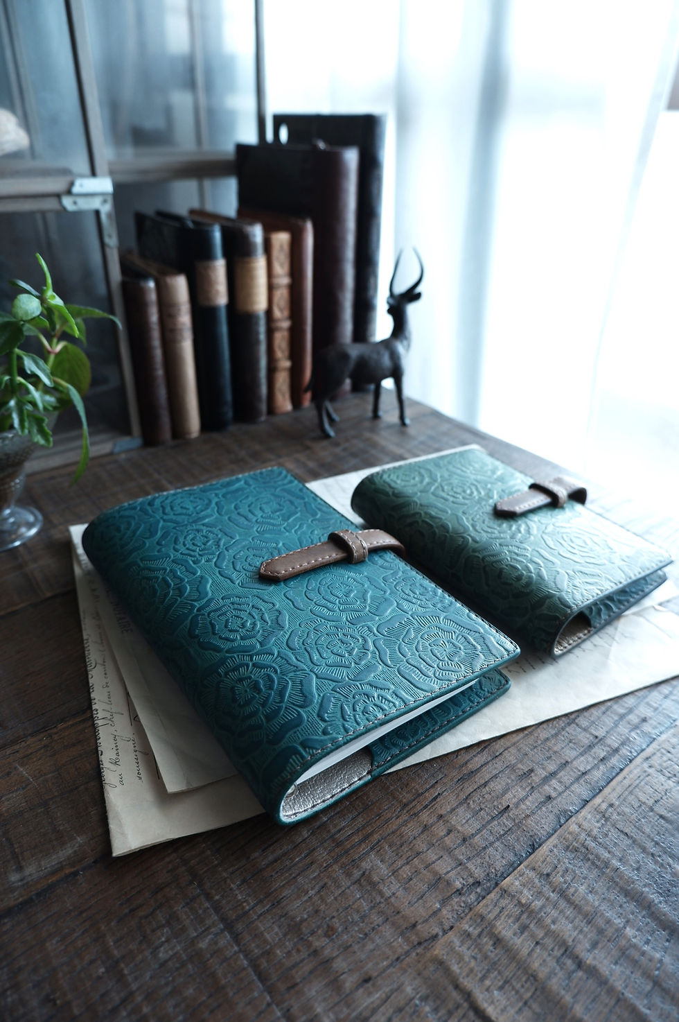 Thumbnail: leather binder, handdyed, smoky emerald, hand stitched, B7