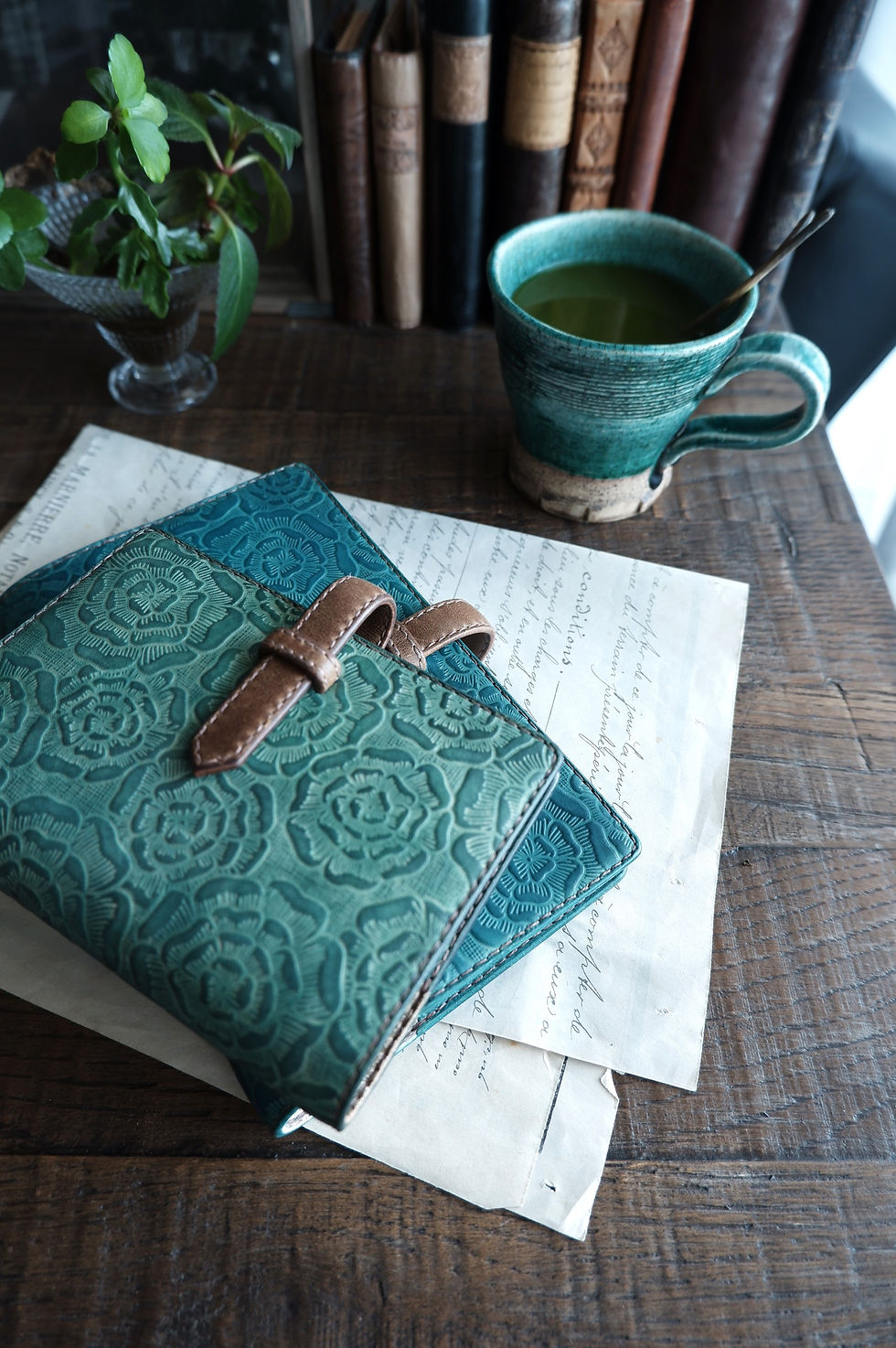Thumbnail: leather binder, handdyed, smoky emerald, hand stitched, B7