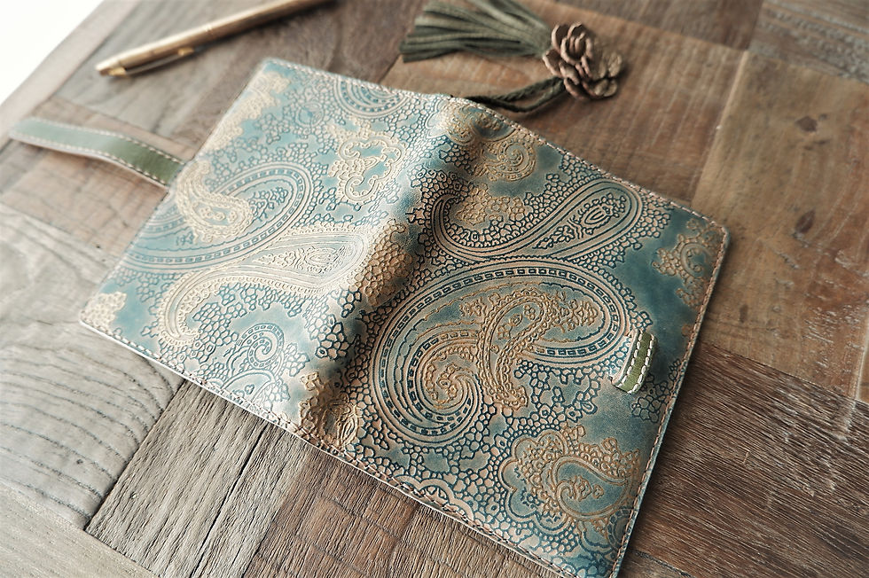 Thumbnail: blue paisley leather planner, handmade leather planner