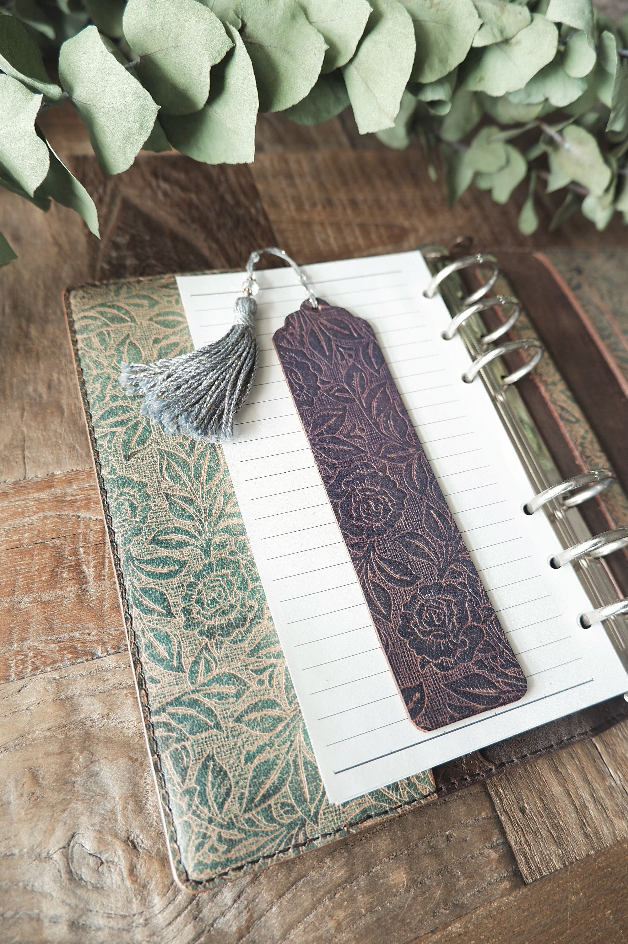 leather bookmark /rose bush /old lavender