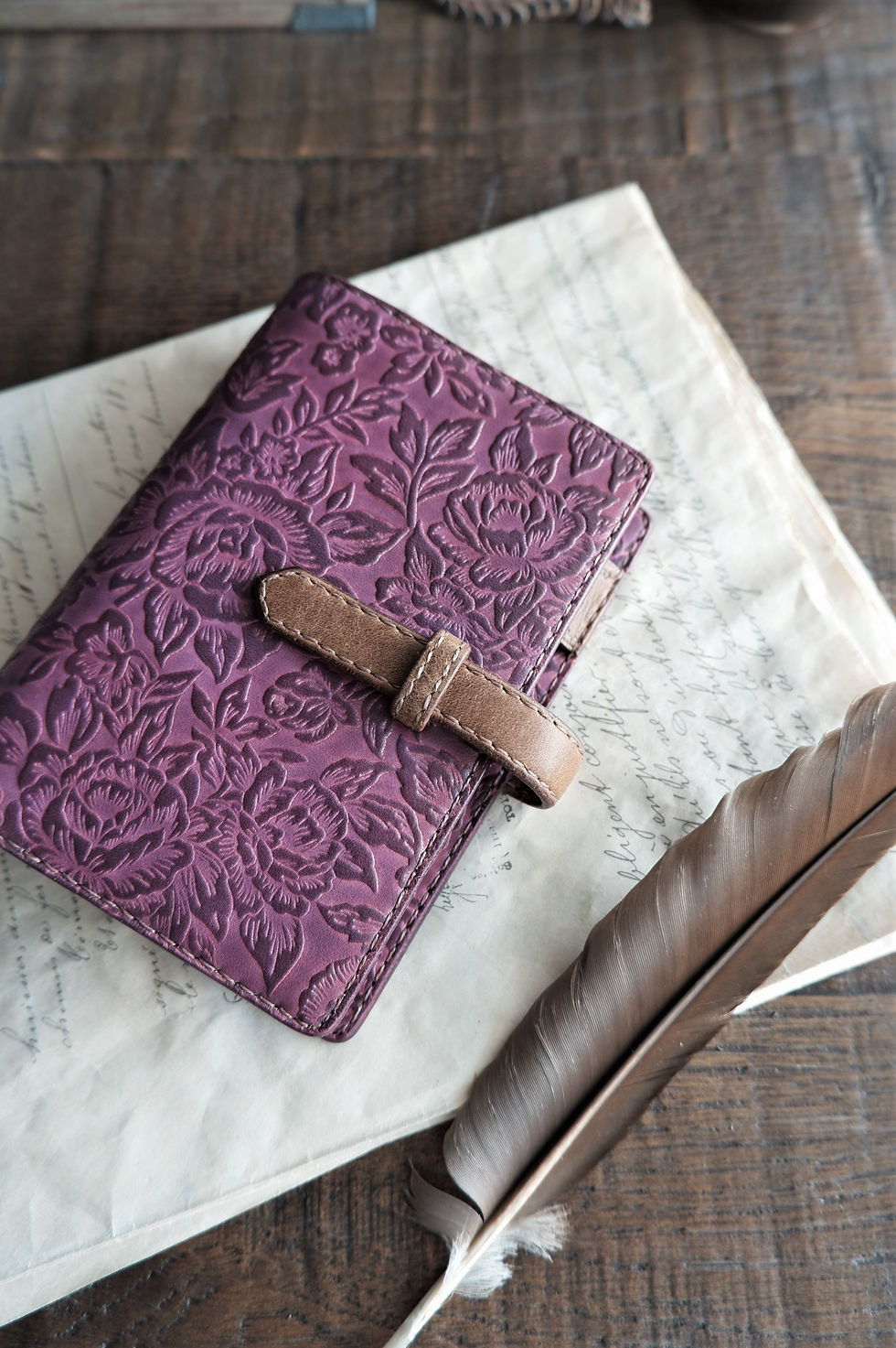 Thumbnail: leather binder, flower carpet, handdyed, antique pink, hand stitched, B7