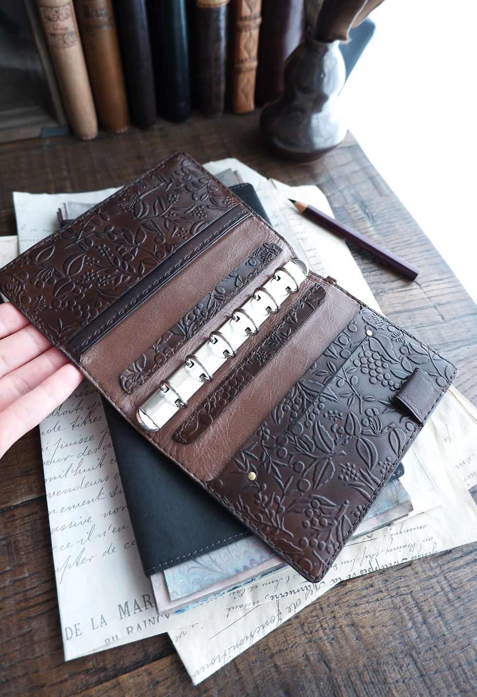 Thumbnail: leather planner, old book, old berries, antique brown, waxed
