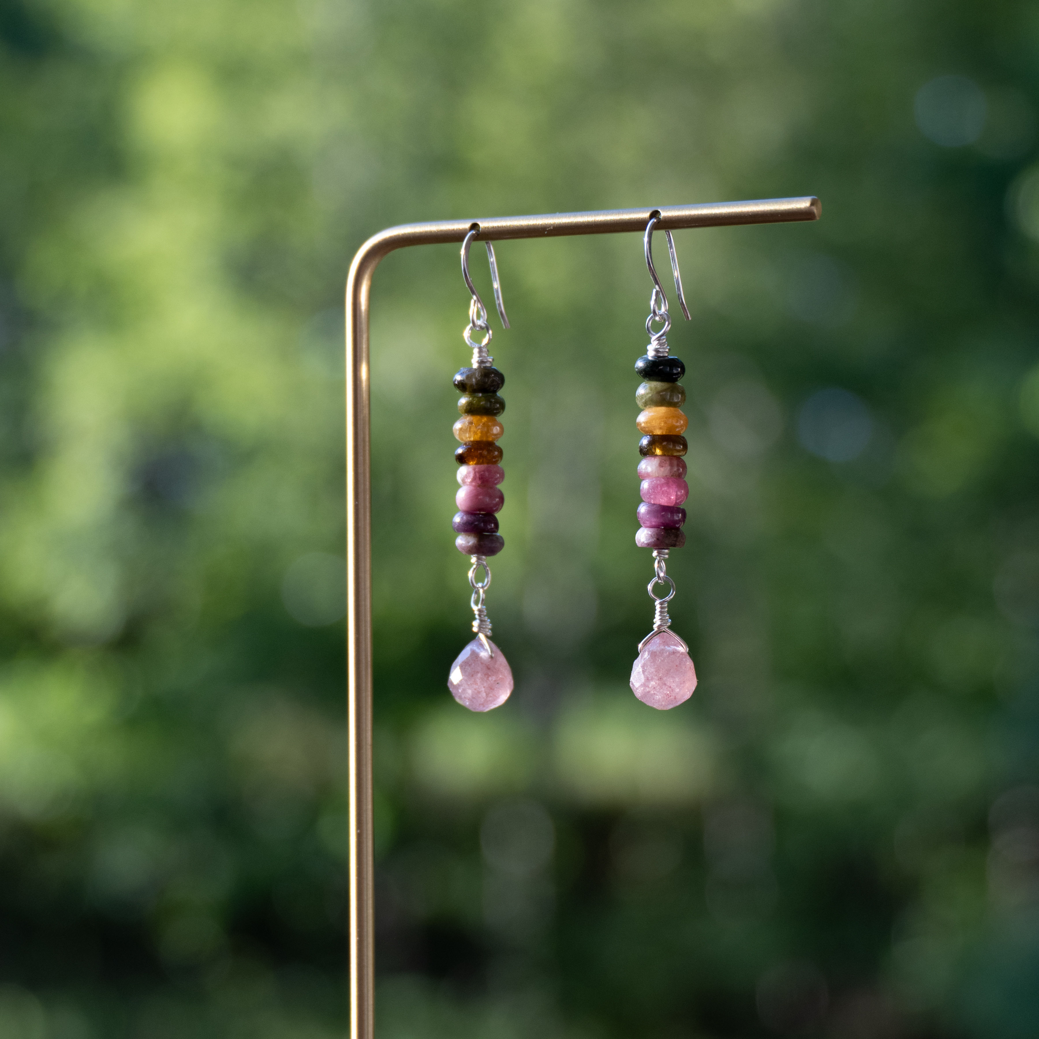 Tourmaline & Strawberry Quartz Earrings, Sterling Silver