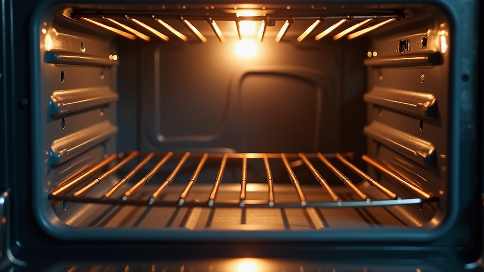 Close-up view of a clean oven interior with shiny racks