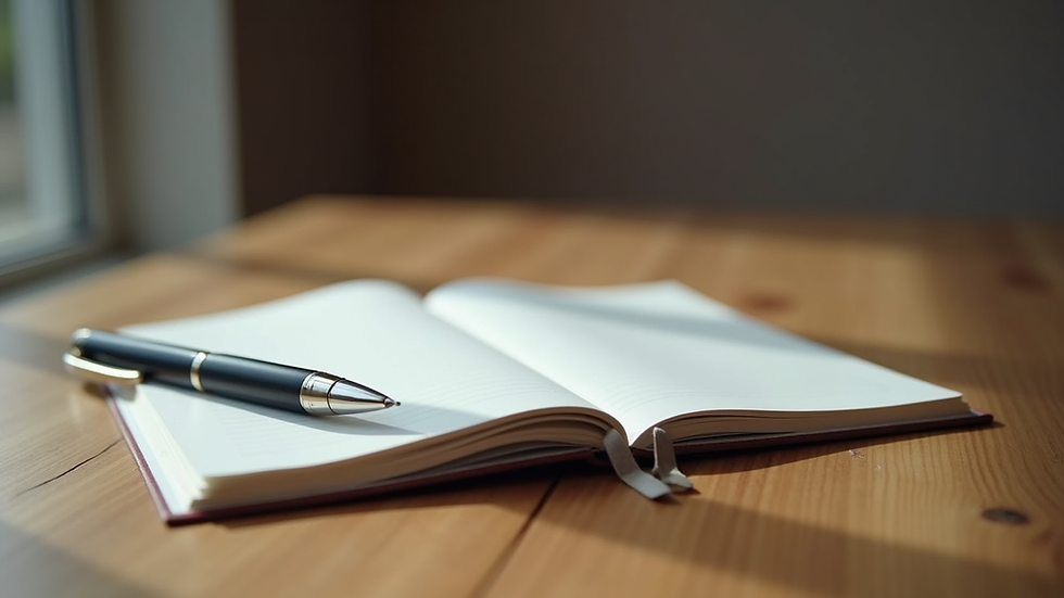 Eye-level view of a journal and pen on a wooden desk