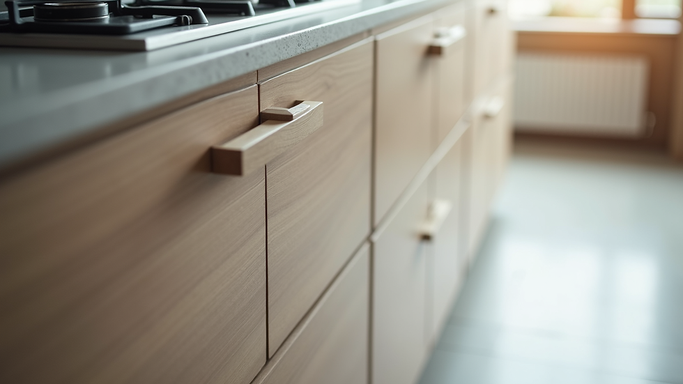 High angle view of a finished kitchen cabinet with modern handles
