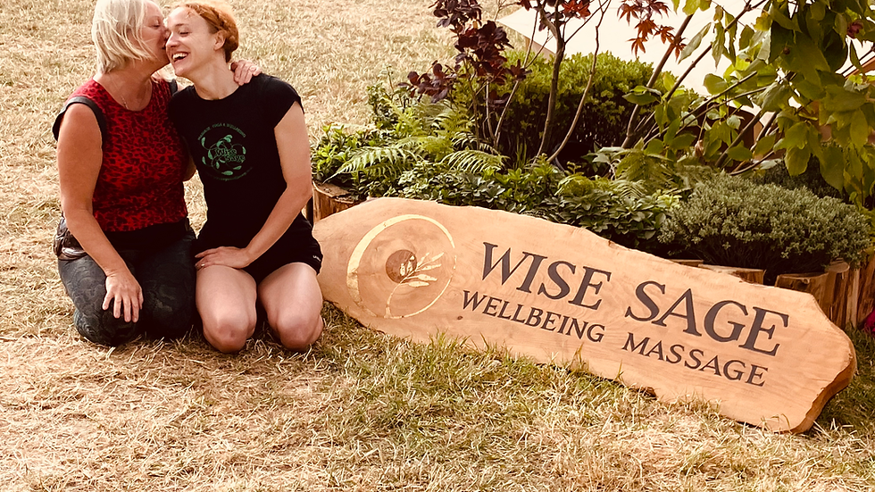 Lucy and Maya Sage outside their well-being space at Humblewell Glastonbury 2025—so grateful!