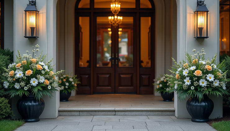 Eye-level view of a peaceful funeral home entrance with floral arrangements