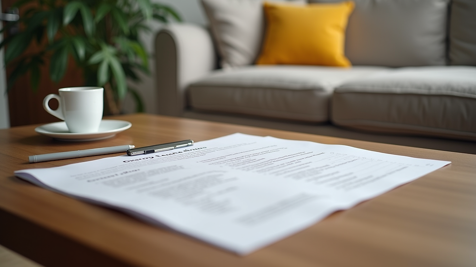 High angle view of a comfortable living room with a care plan document on the table