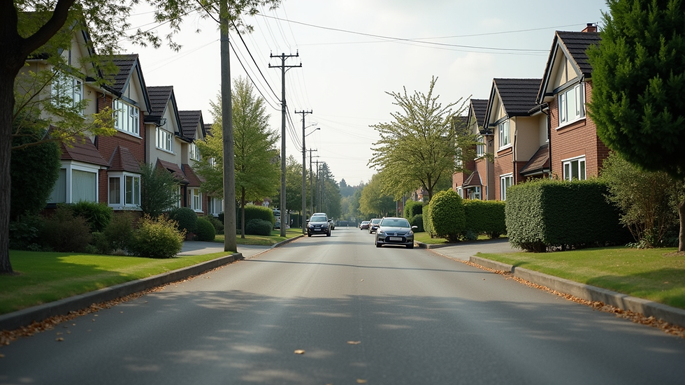Eye-level view of a residential street in Surrey with houses and greenery