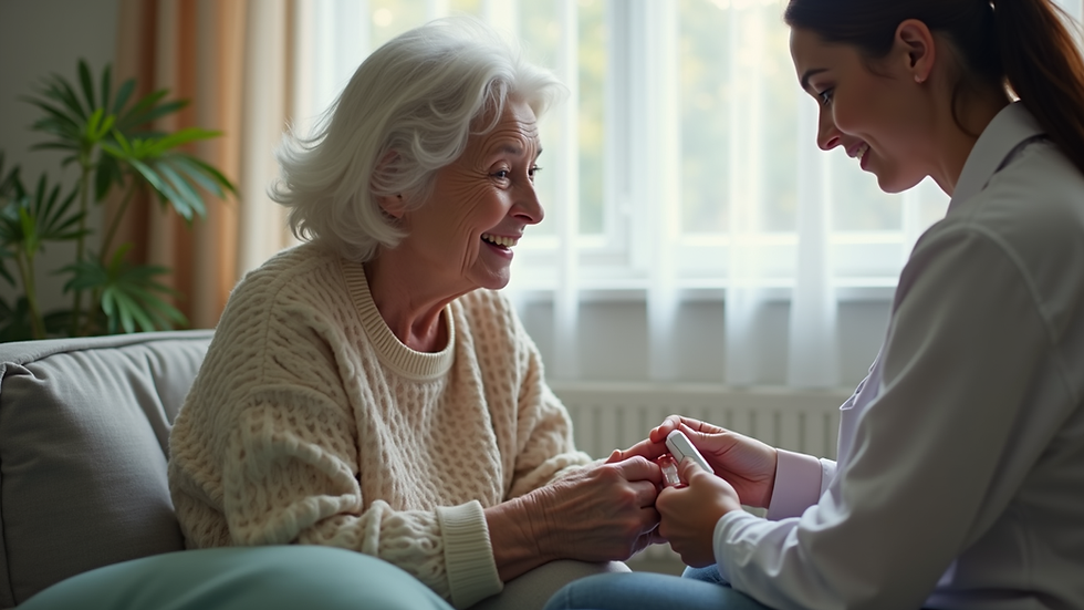 Eye-level view of a caregiver assisting an elderly person with medication at home