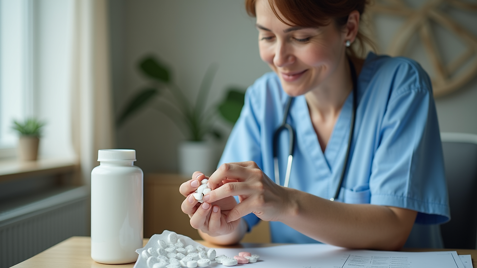 Close-up view of a care worker organising medication in a home setting