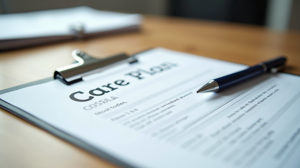 Close-up view of a care plan document with a pen on a wooden table