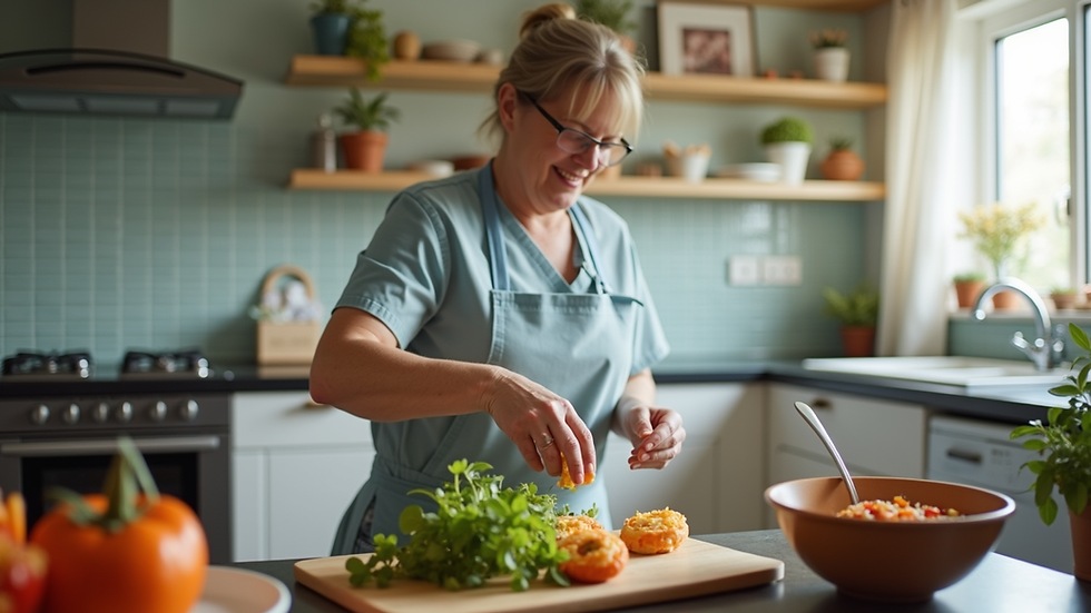 Eye-level view of a caregiver preparing a meal in a home kitchen