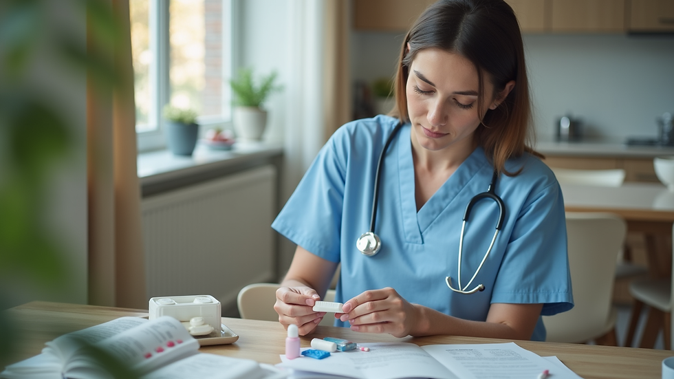 Close-up view of a care worker organising medication in a home setting