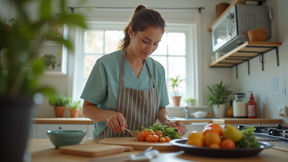 Eye-level view of a caregiver preparing a meal in a home kitchen