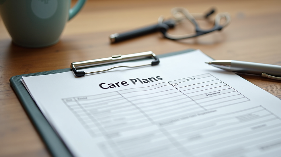 Close-up view of a care plan document and pen on a wooden table