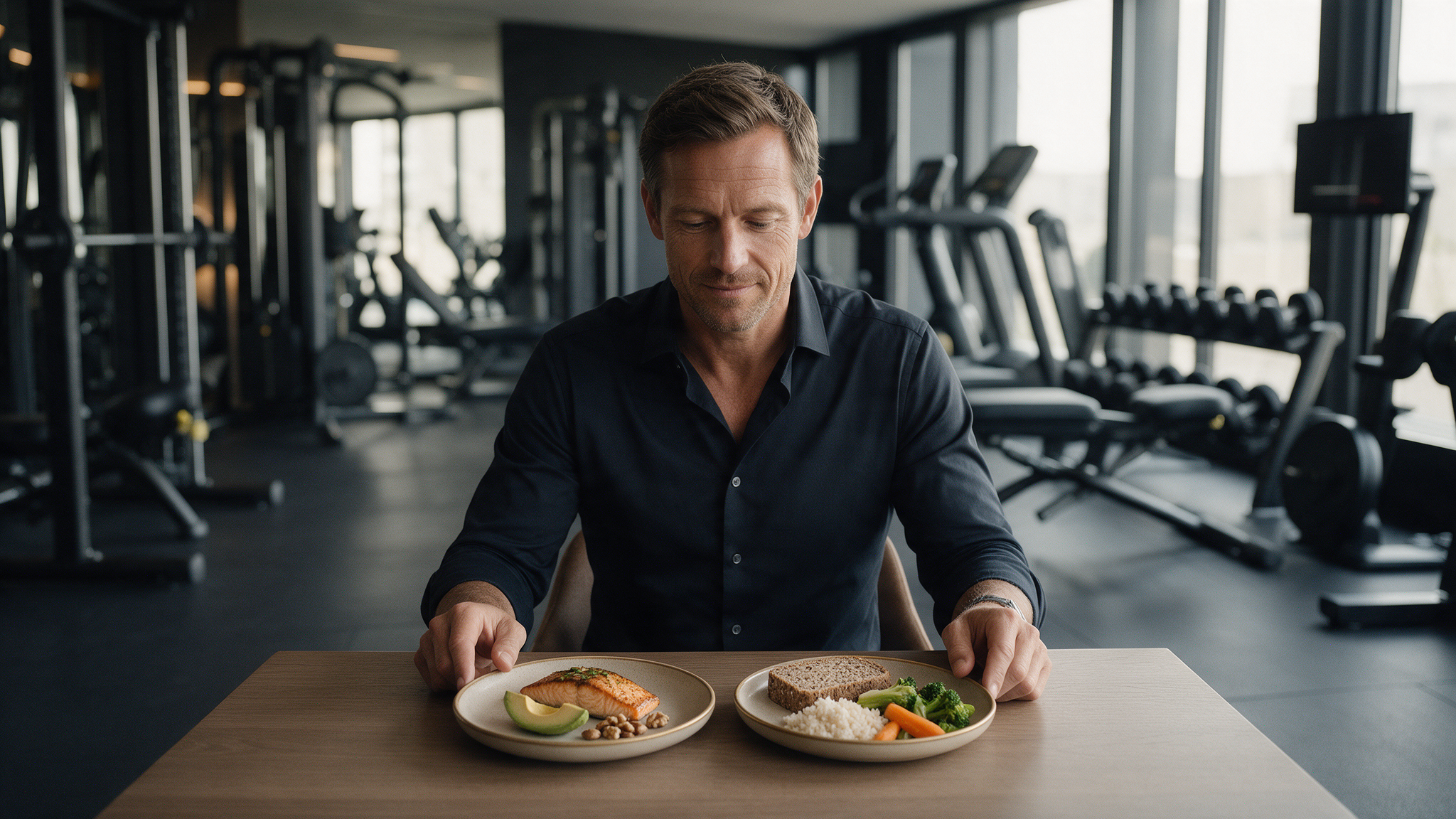 Unternehmer vergleicht Low-Carb- und Low-Fat-Teller im Private Gym Adliswil