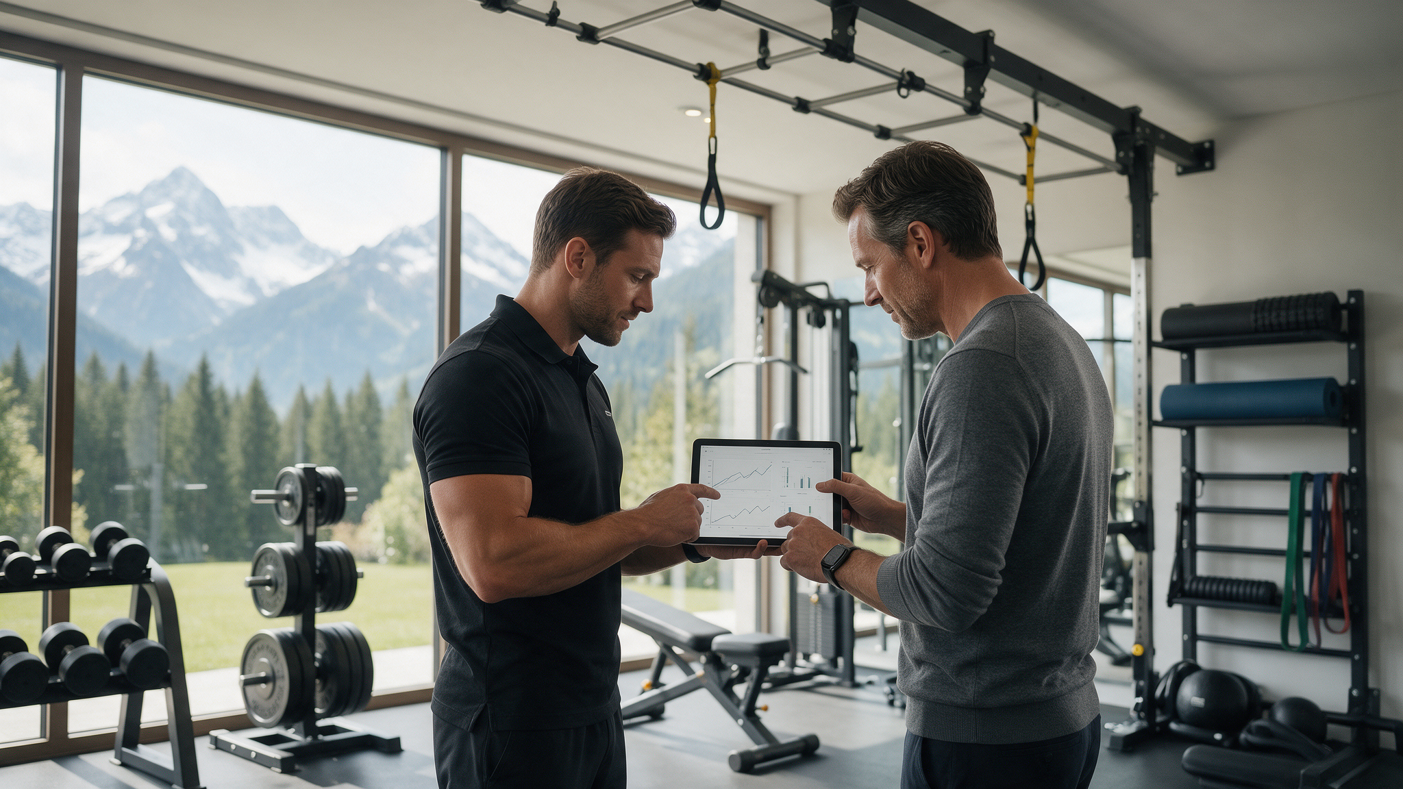 Coach und Unternehmer besprechen Trainingsplan im Private Gym Progressive Sports Adliswil