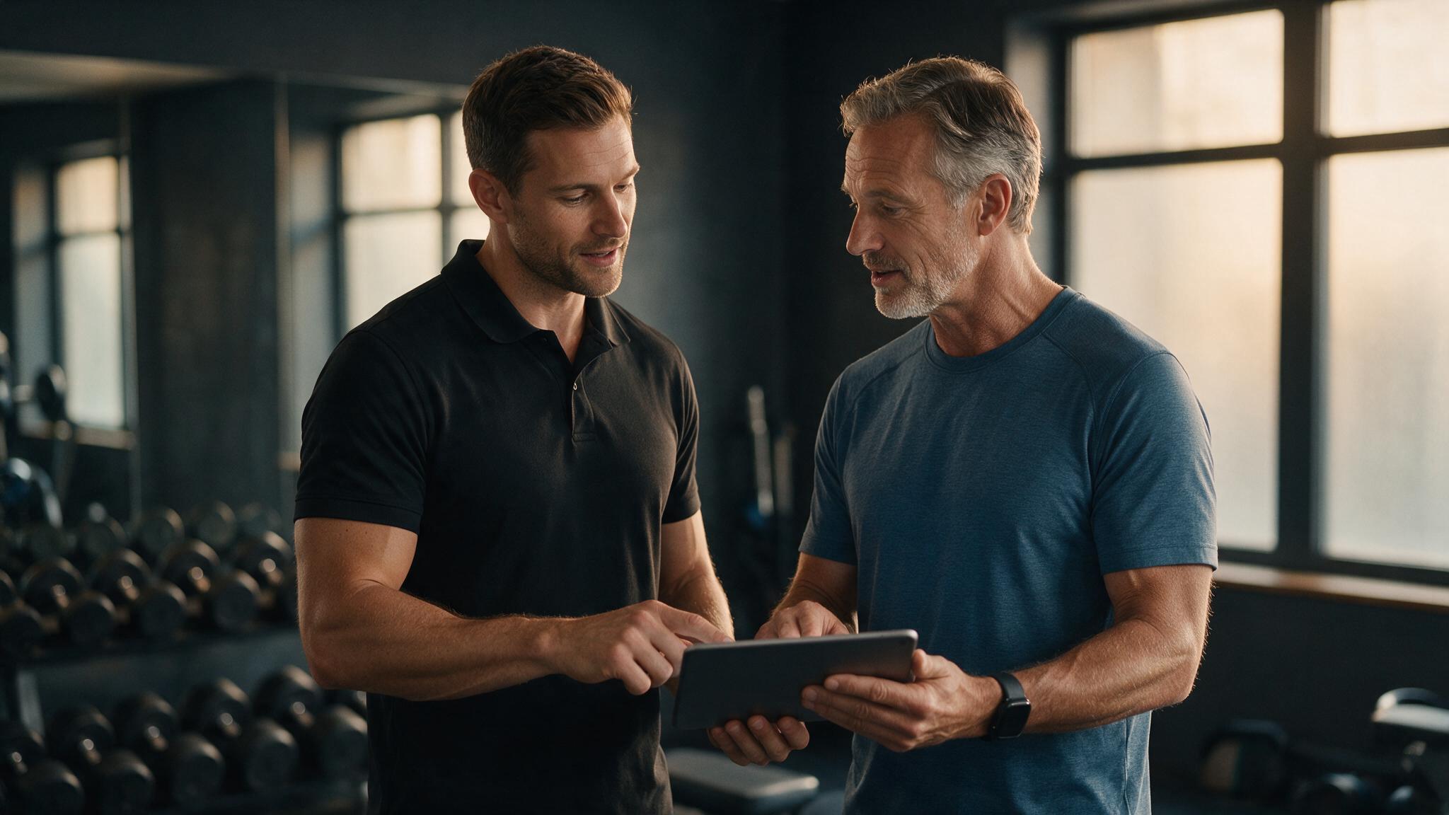 Personal Trainer bespricht Trainingsdaten mit Fuehrungskraft im Private Gym Adliswil