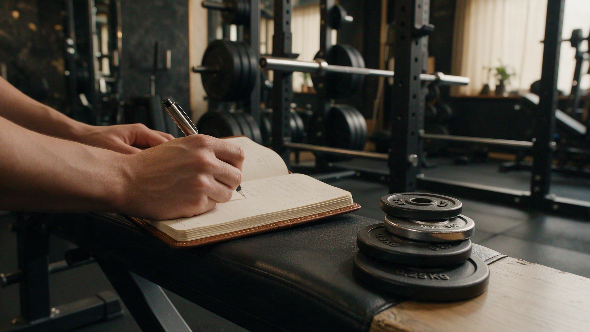 Hände schreiben Trainingswerte in ein Logbuch neben der Langhantel im Private Gym Adliswil