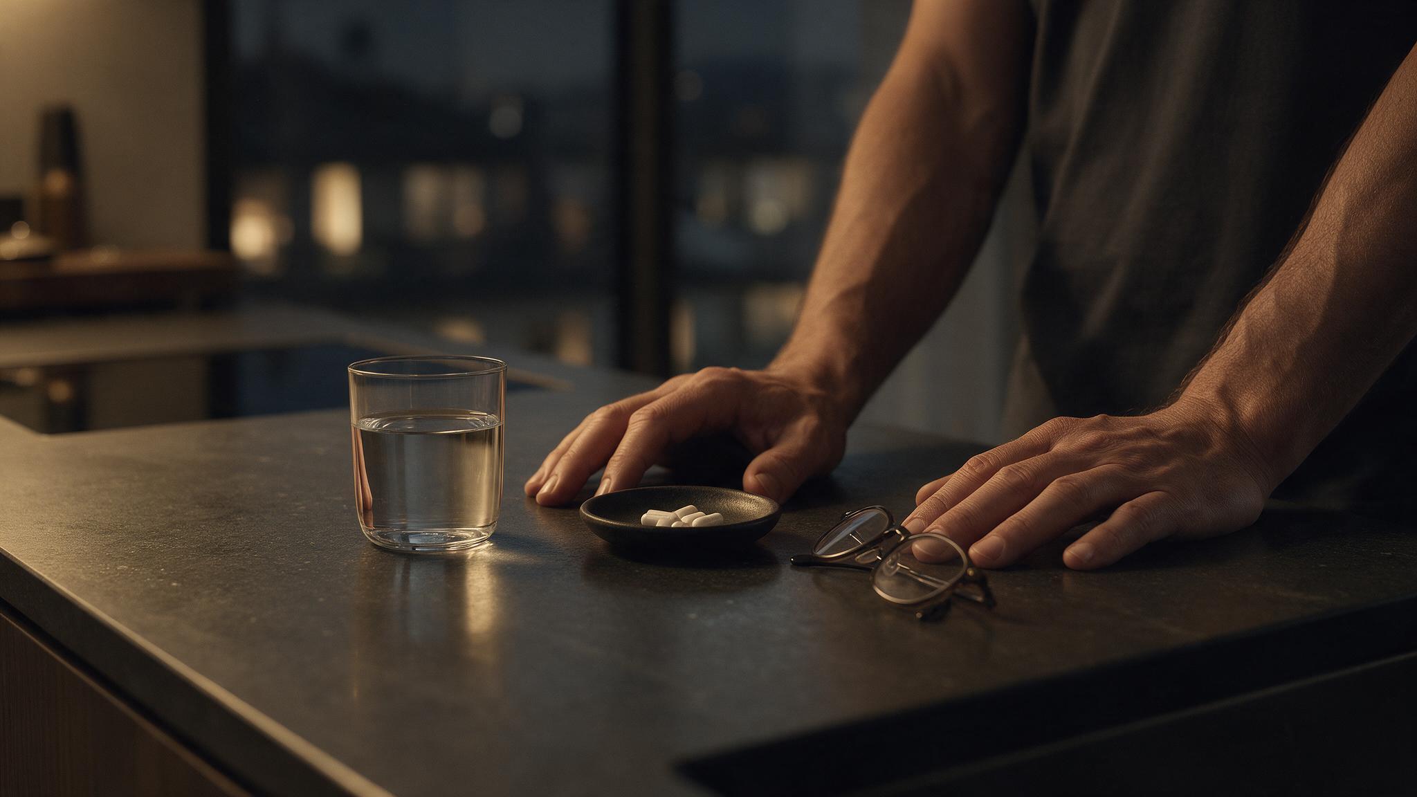 Magnesium Kapseln und Wasserglas am Abend - Supplement Einnahme fuer Fuehrungskraefte