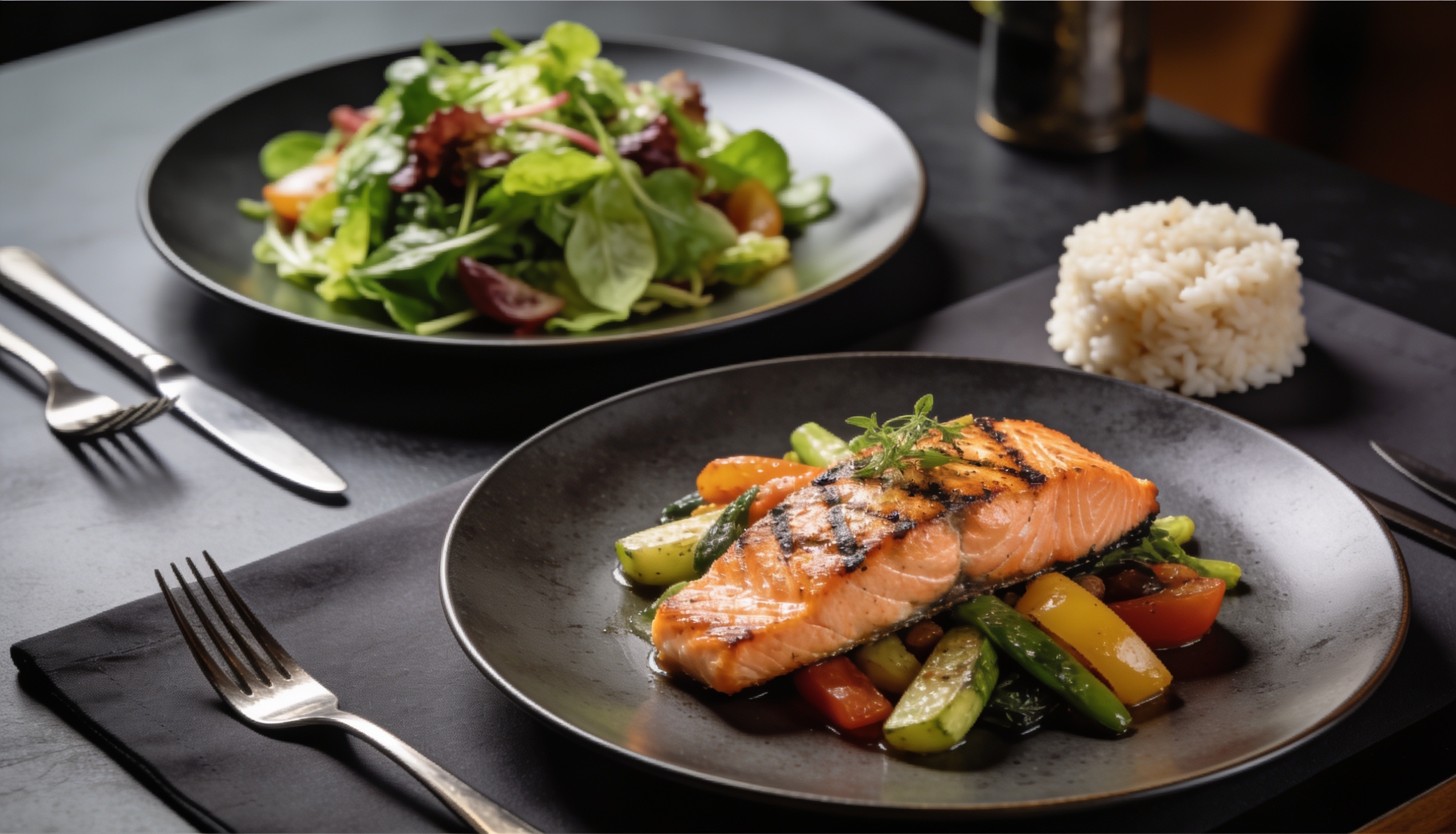 Gesunder Executive-Lunch mit Gemuese und Eiweiss zuerst zur Blutzuckerstabilisierung - Adliswil