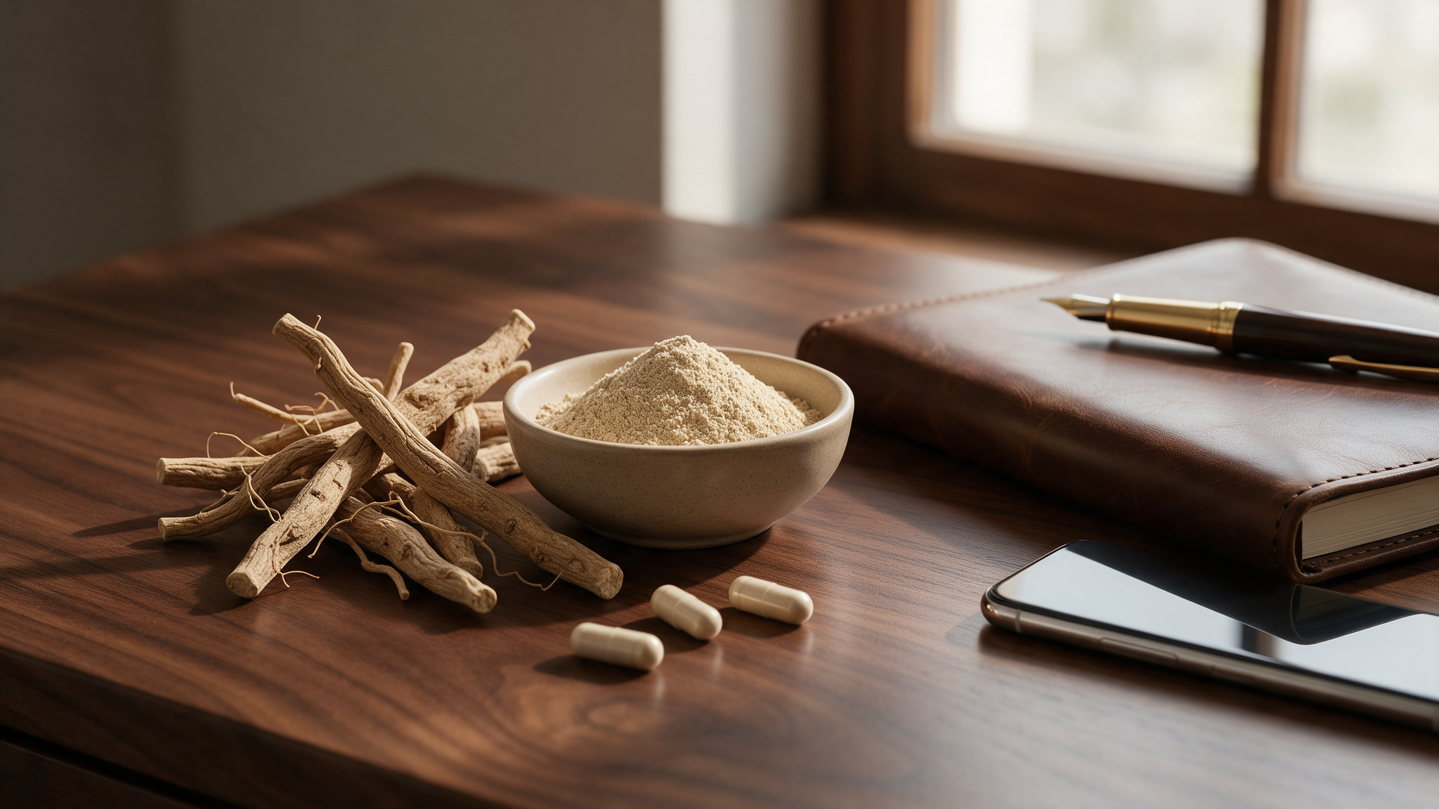 Ashwagandha-Wurzel und Wurzelextrakt auf dem Schreibtisch einer Führungskraft – Supplement-Check Progressive Sports Adliswil