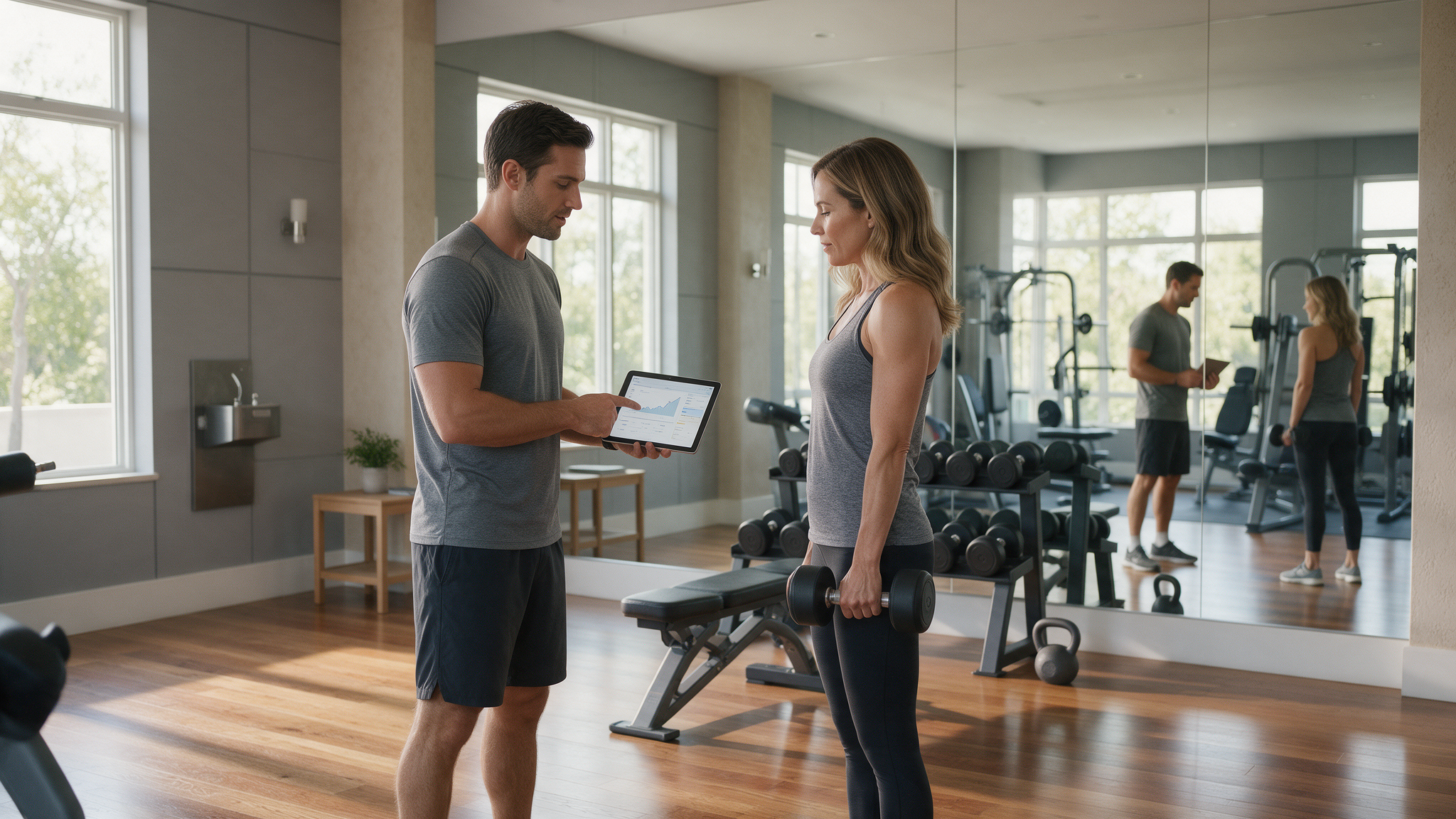 Personal Coach und Führungskraft besprechen Trainingsplan im Private Gym Adliswil bei Zürich