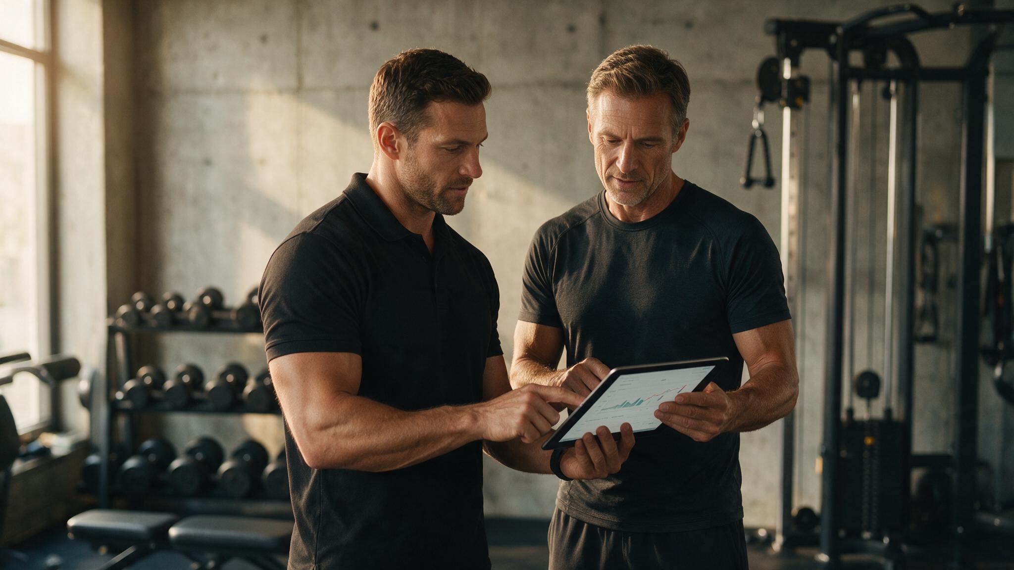 Coach von Progressive Sports bespricht Fortschrittsdaten mit einer Fuehrungskraft im Private Gym Adliswil