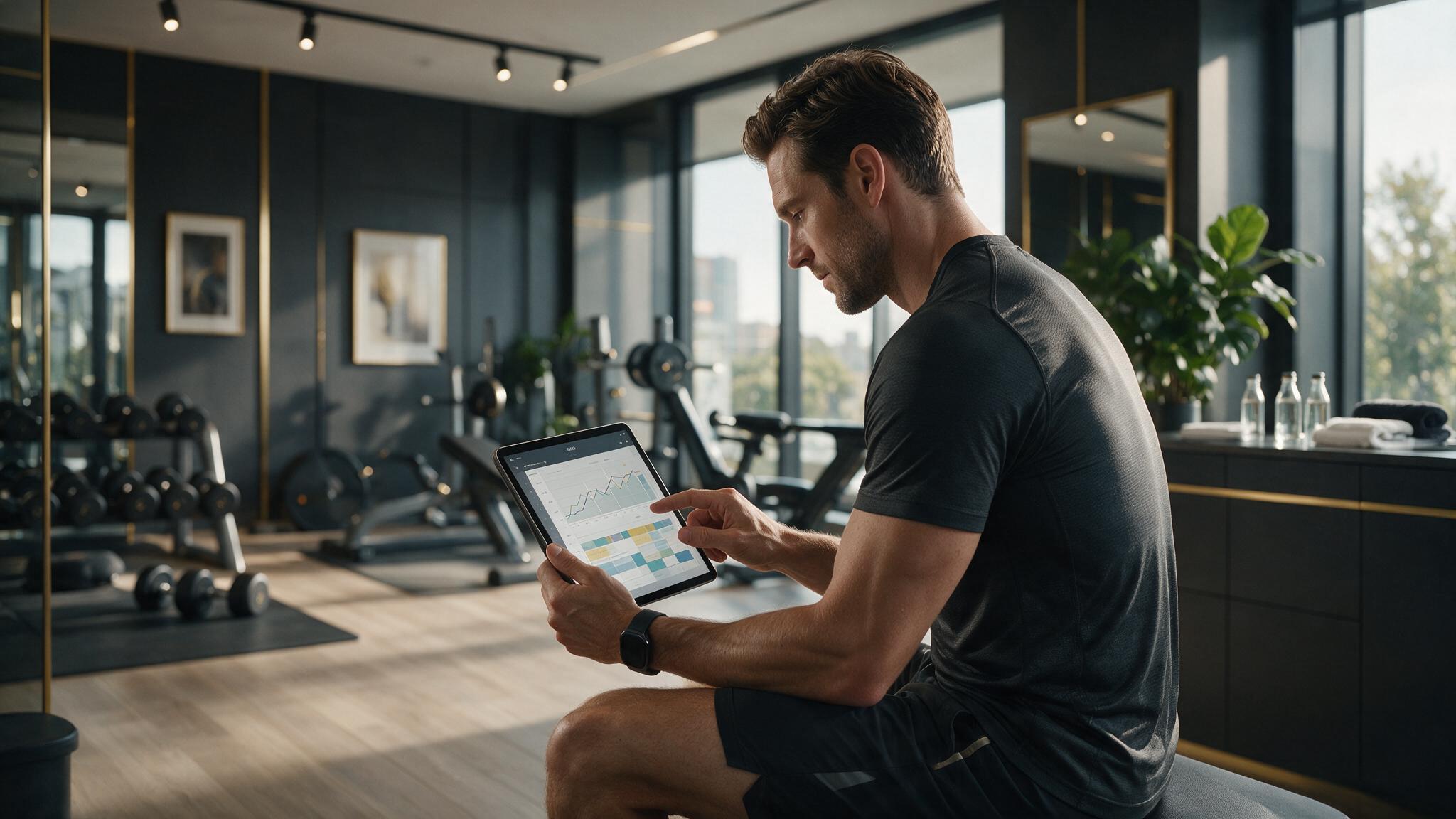 Unternehmer prüft seinen Wochen-Trainingsplan im Private Gym in Adliswil