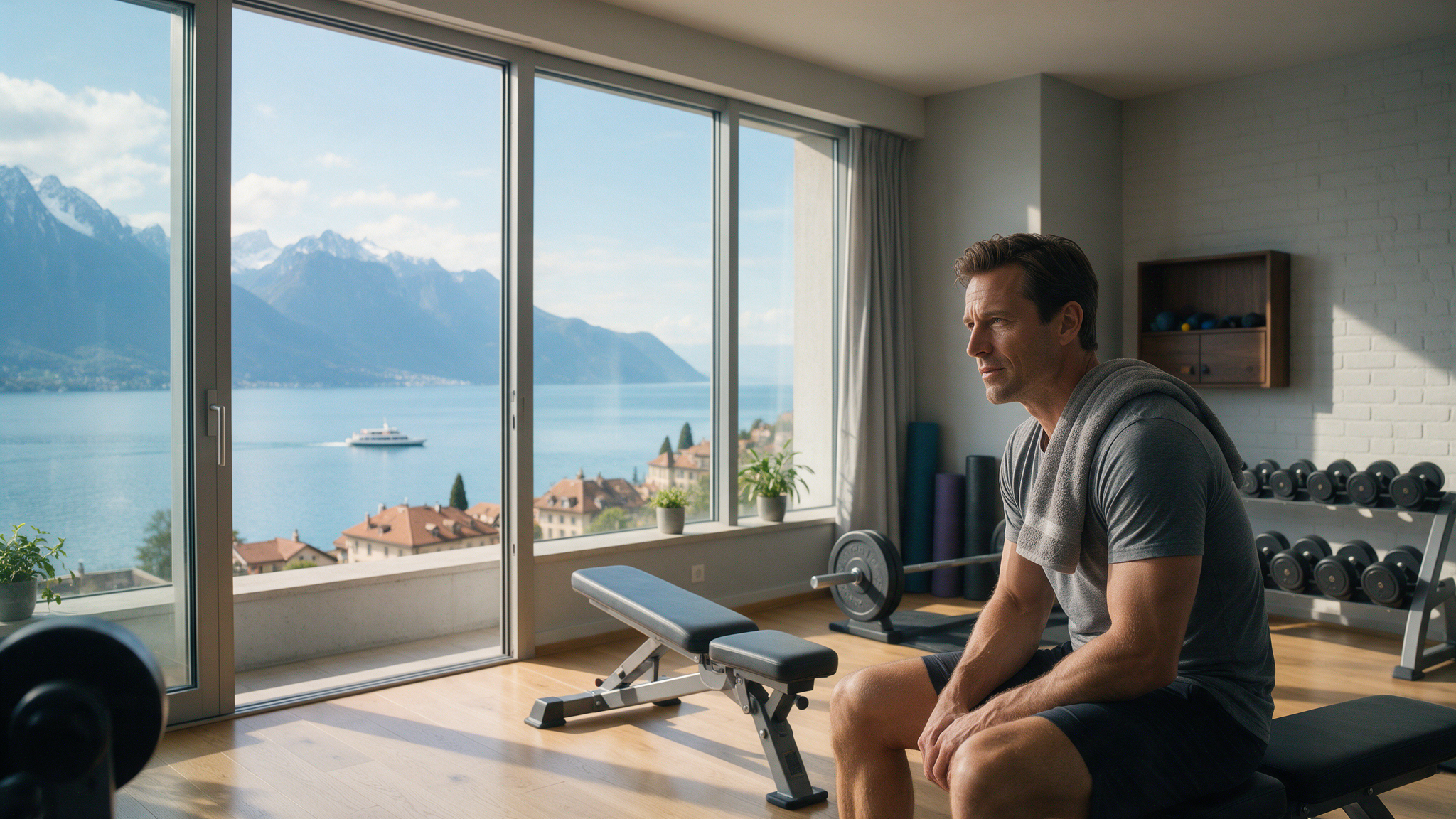 Unternehmer erholt sich zwischen den Sätzen im Private Gym Adliswil – Deload-Woche und Erholung beim Krafttraining