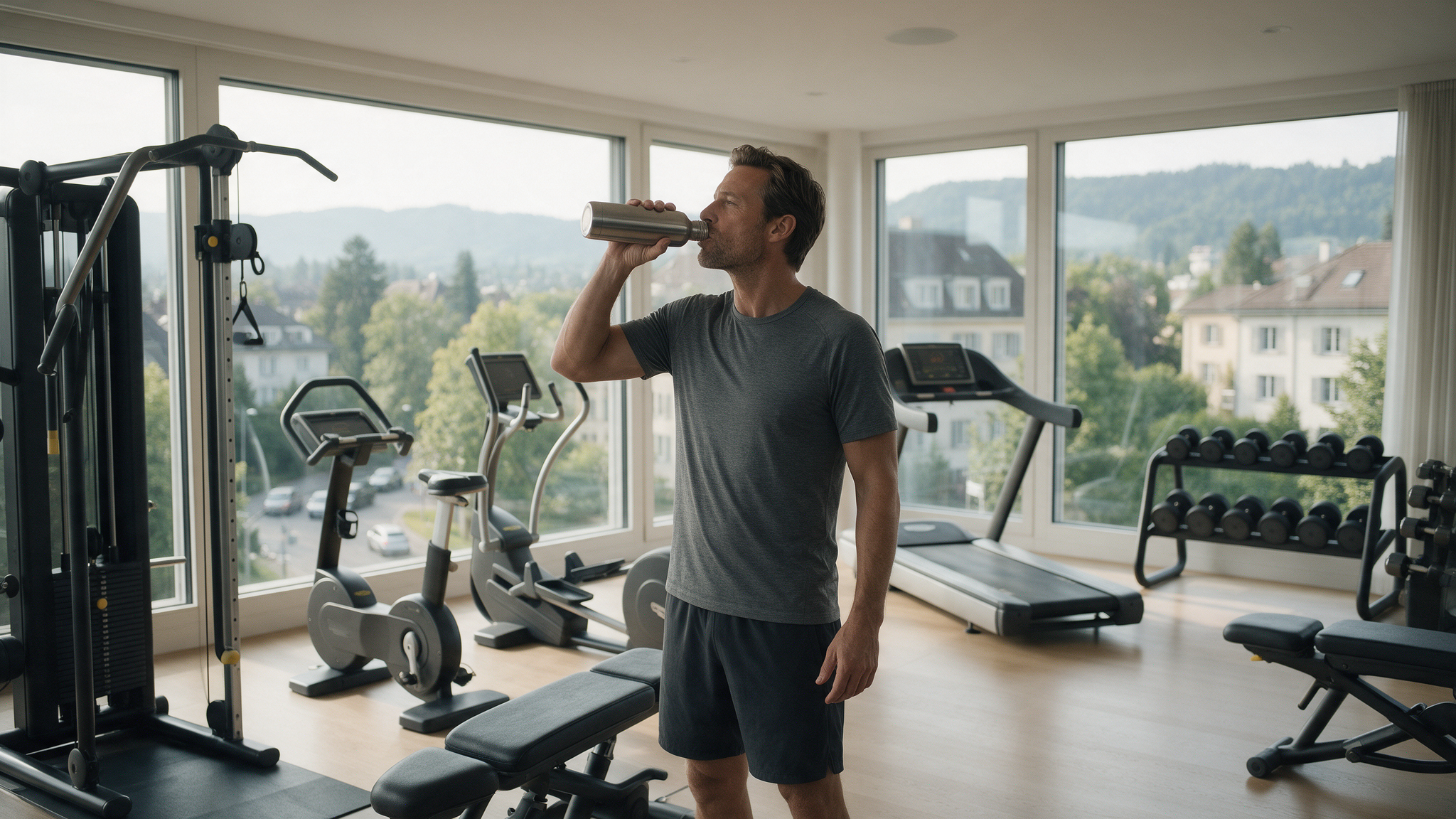 Unternehmer trinkt Wasser zwischen den Sätzen im Private Gym in Adliswil bei Zürich