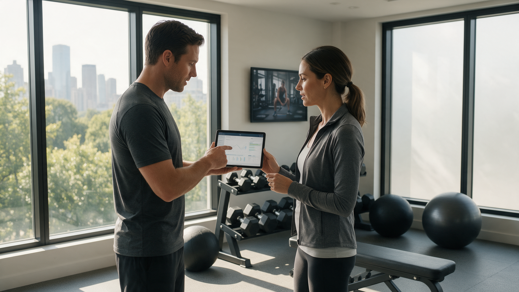 Personal Coach bespricht Trainingsplan mit Führungskraft im Private Gym Adliswil bei Zürich