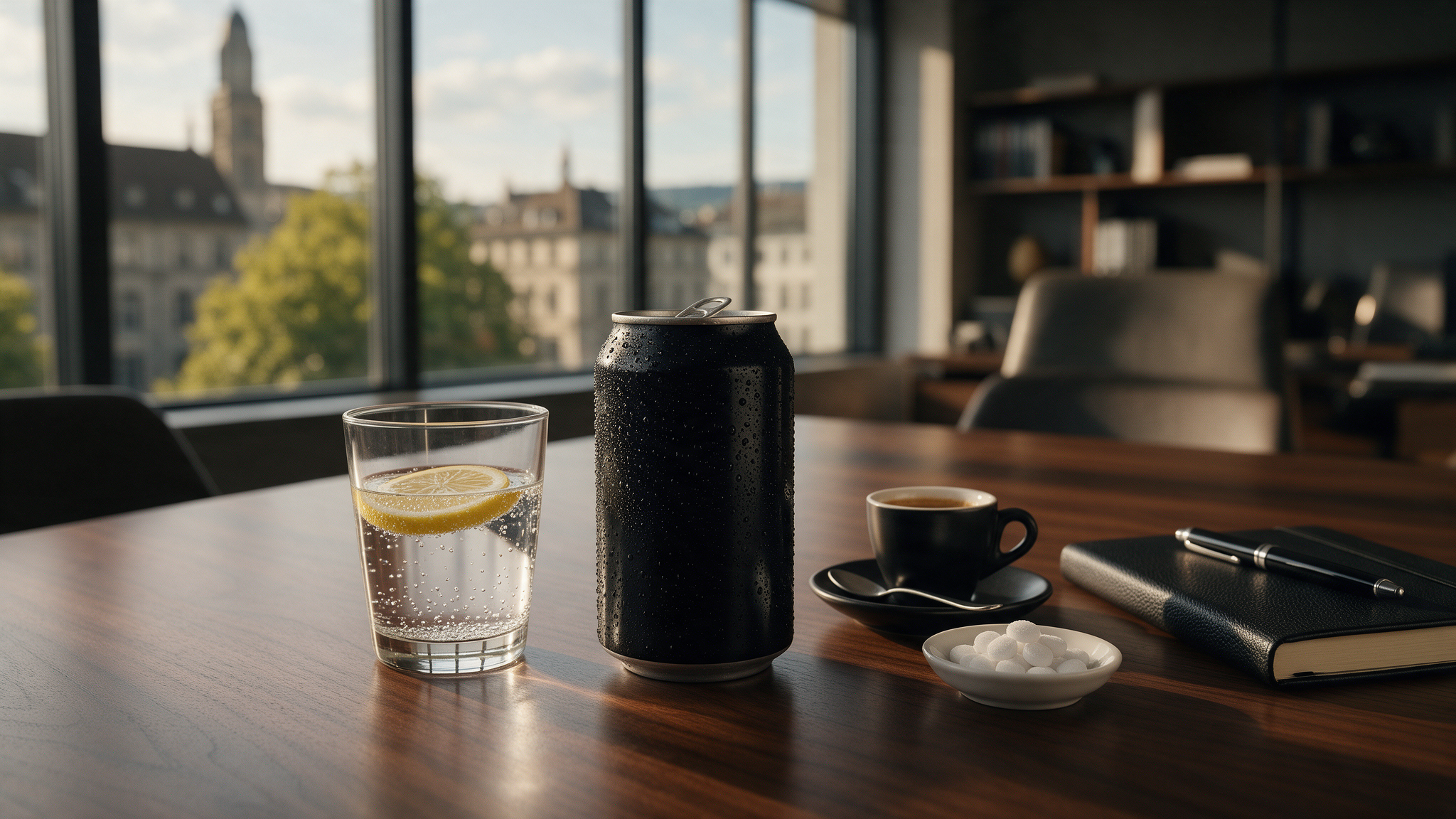 Cola Zero, Wasser und Süssstoff-Tabletten auf dem Sitzungstisch – Süssstoffe im Alltag von Unternehmern in Zürich und Adliswil