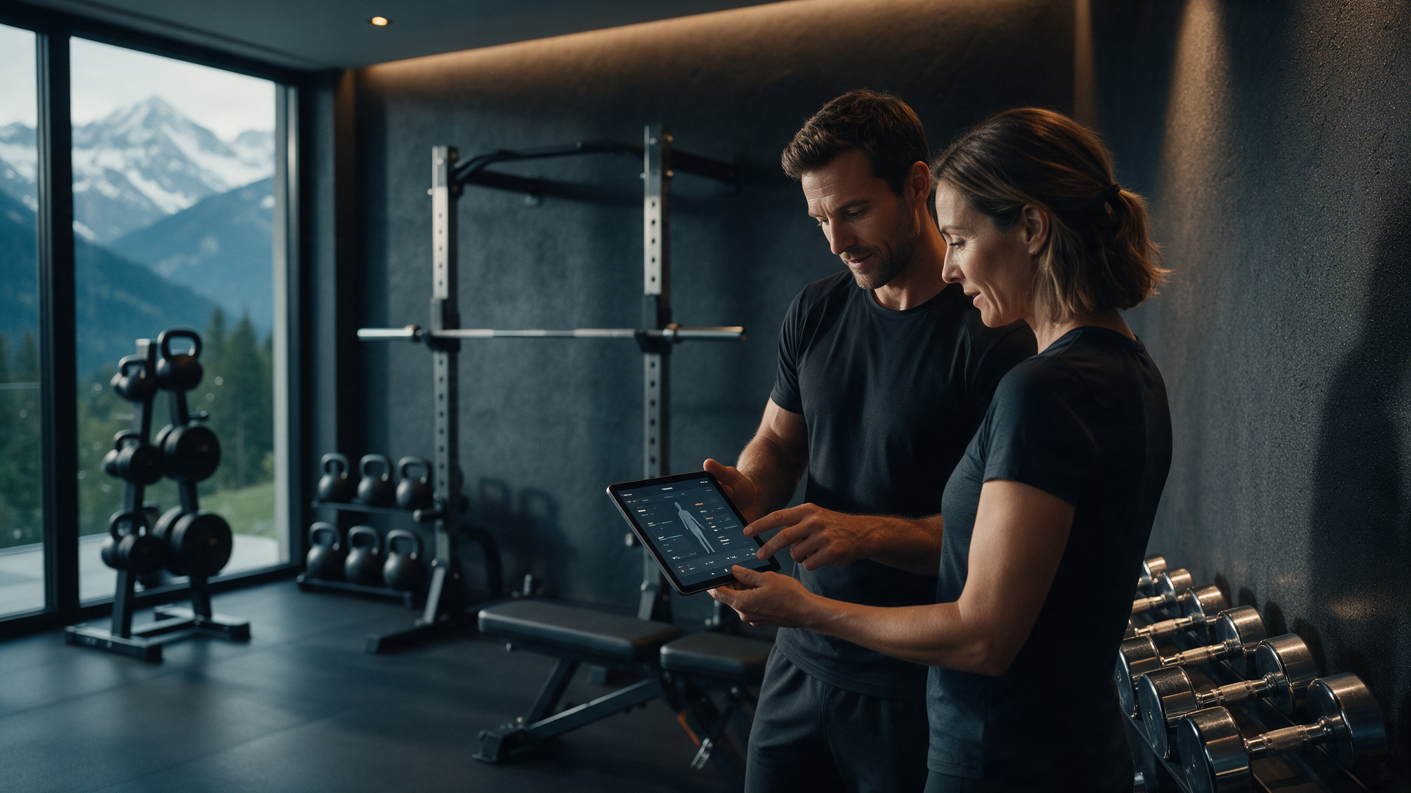 Personal Trainer bespricht Körperfettanalyse mit Unternehmerin im Private Gym Adliswil